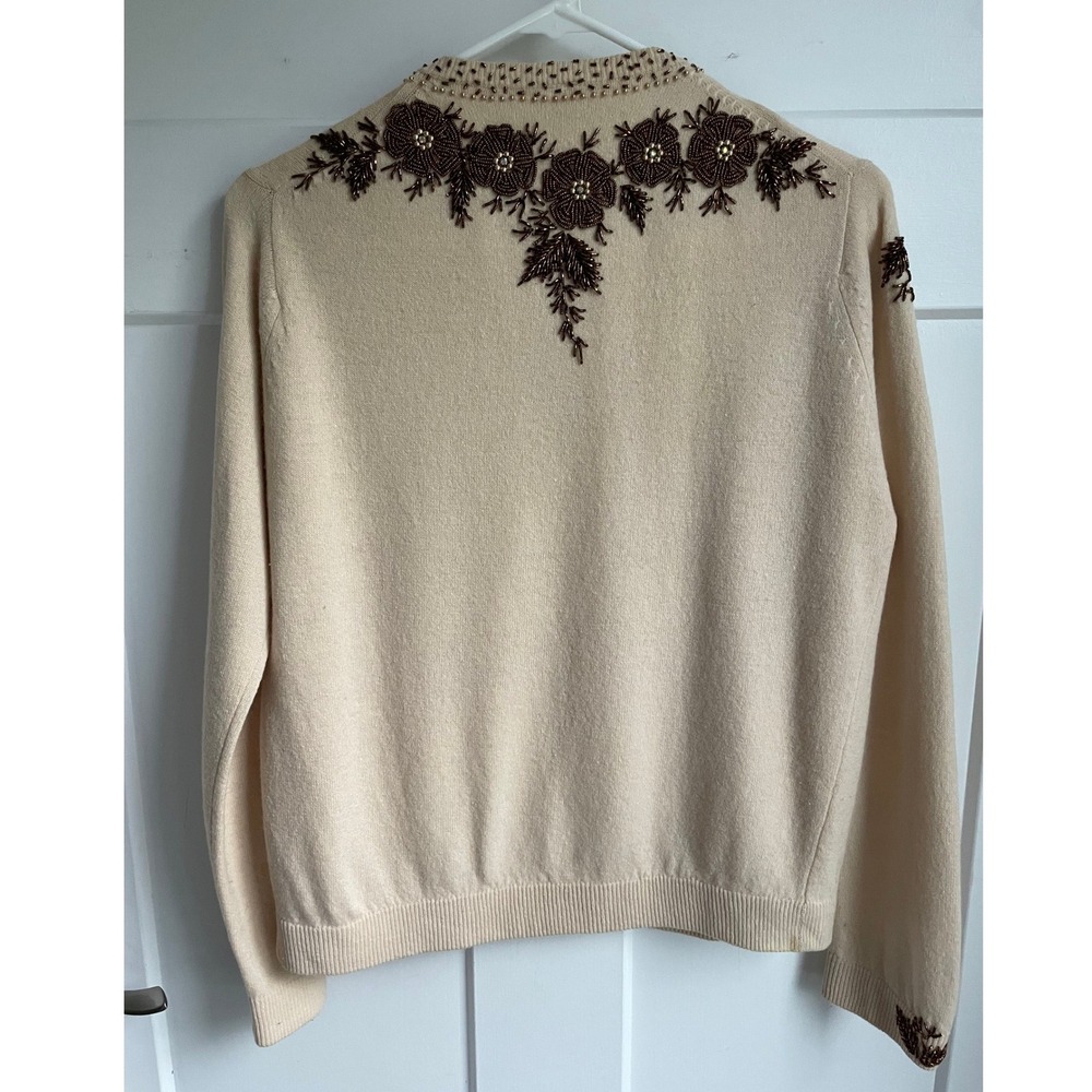 Vtg 1950s Hand Beaded Cardigan Cream Floral Bronze Glass Bead Sweater Lined 40 - Picture 9 of 14